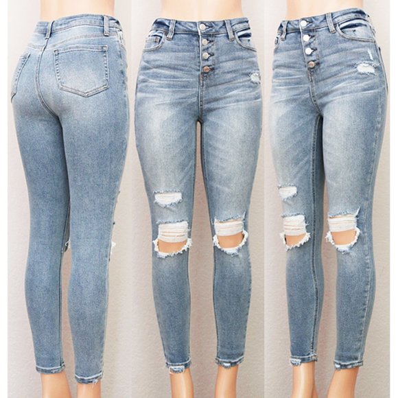 Light wash Distressed Button Fly Jeans main image 1